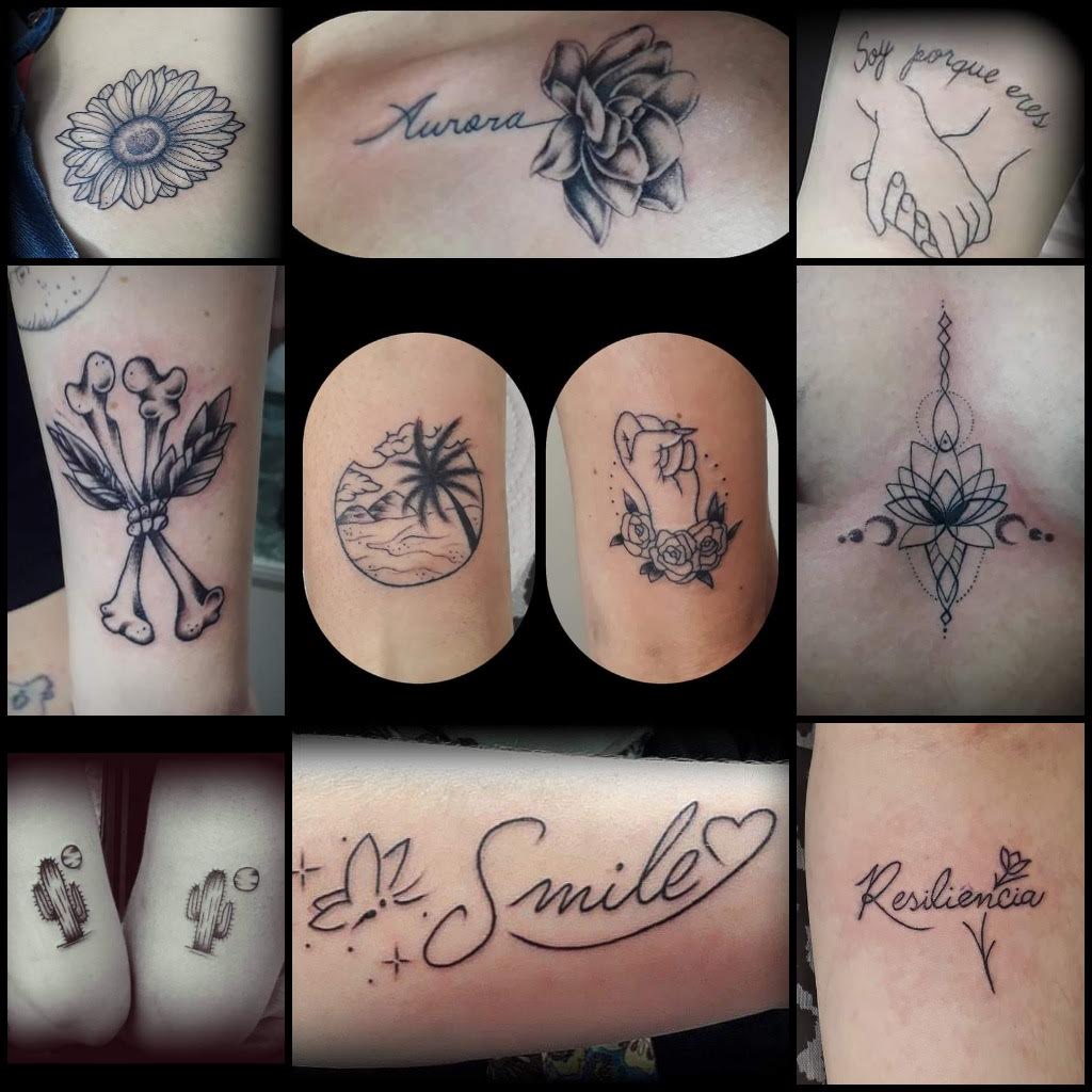 Collage de tatuajes de línea fina realizados en el estudio